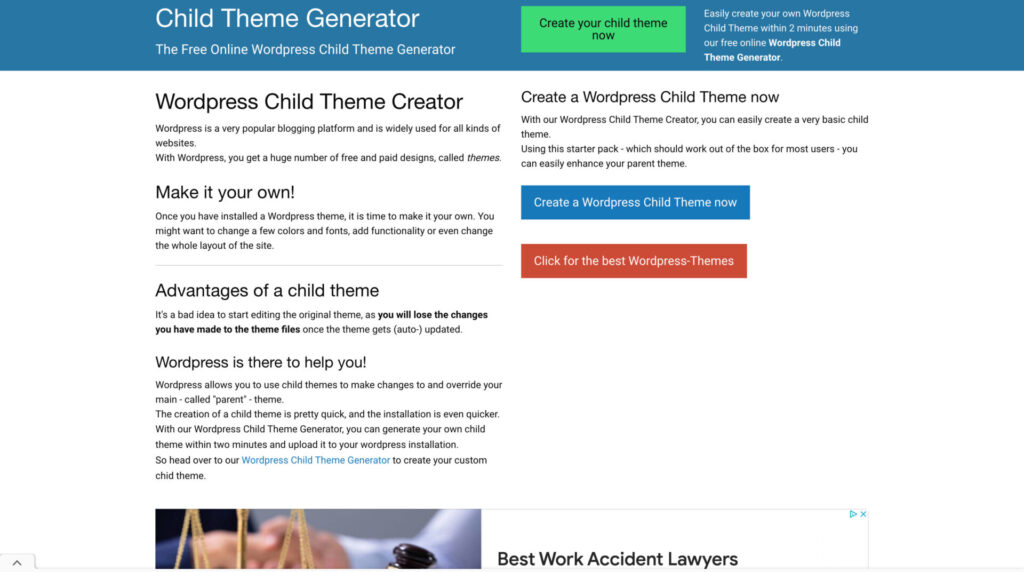 Page d’accueil pour le générateur de thème wordpress
